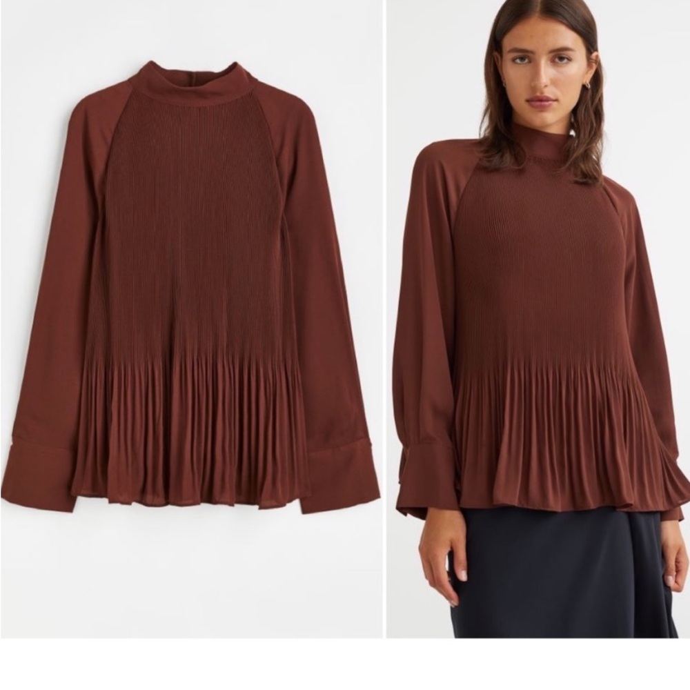 H&M Brown Polyester Pleated Blouse SZ XS NWOT